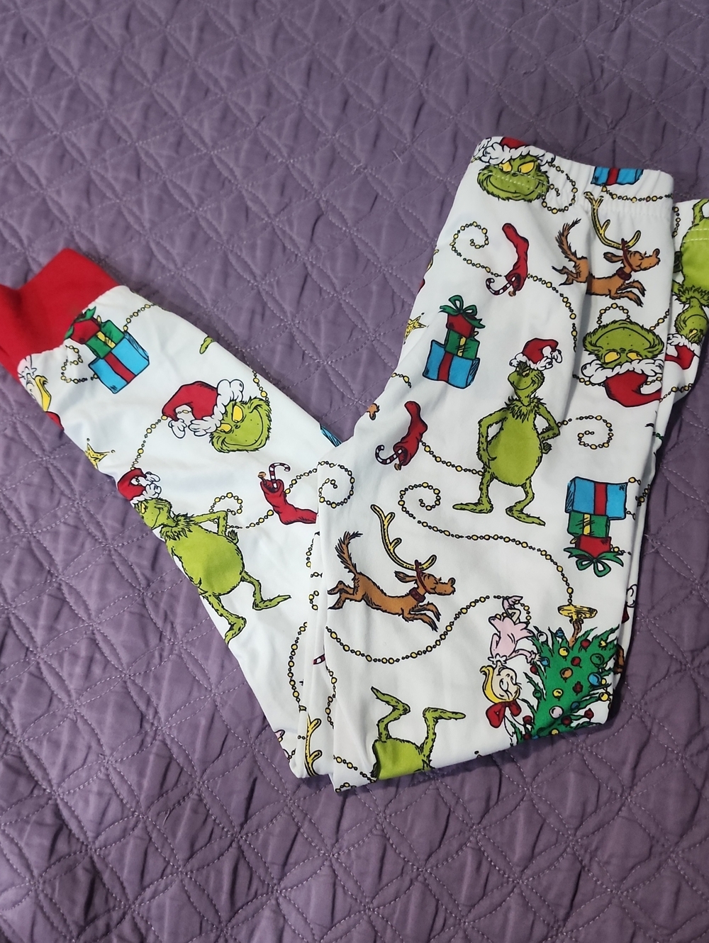 Kids Holiday Pajama Pants with Grinch Print - White & Red